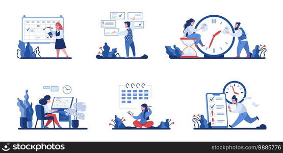 Time management scenes. Cartoon office workers organizing activities. Efficiency work concept. Business plan and mark completed tasks or schedule control. Workflow optimization, vector busy people set. Time management scenes. Workers organizing activities. Efficiency work concept. Planning and marking completed tasks or schedule control. Workflow optimization, vector busy people set