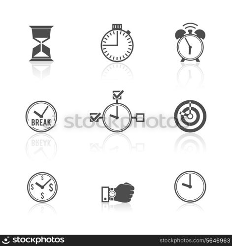 Time management strategy concept alarm clock watch hourglass pictograms symbols icons set abstract black isolated vector illustration