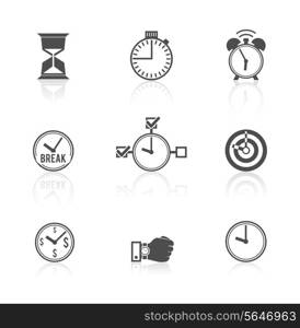 Time management strategy concept alarm clock watch hourglass pictograms symbols icons set abstract black isolated vector illustration