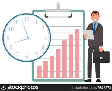 Time management vector, businessman with documents and charts on clipboard. Clock deadline, organization of tasks. Assignment for male character flat style. Businessman with Documents, Clipboard and Clock