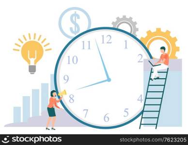 Time management vector, clock and workers working on projects. Man on ladder, woman pushing device, lightbulb idea and dollar currency sign. Cogwheel chart. Flat cartoon. Time Management, People with Clock Timer Icon