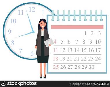 Time management vector, female character working as manager. Organization of workflow and tasks, clock and calendar with dates, smiling businesswoman. Secretary with Document and Calendar Time Clock