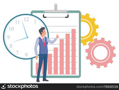 Time management vector, man with clipboard and info on paper. Clock and charts success of company of boss. Male with cogwheels and data flat style. Manager Businessman with Clock Clipboard Vector