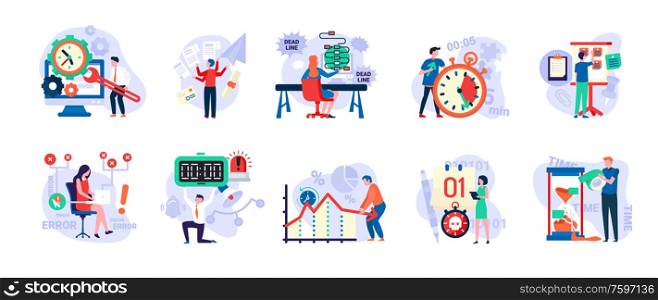 Time management vector, people with clock and timers, man in hurry, sand glass and running clock, schedule. Person fail to do tasks flat style isolated. People unable to organize their tasks. Deadline and Time Management, People in Hurry Set
