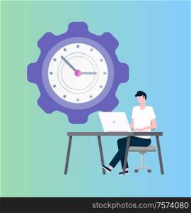 Time management vector, programmer at laptop and clock in shape of cogwheel. IT worker at desktop or workplace, deadline, work productivity or efficiency. Time Management, Programmer at Laptop and Clock