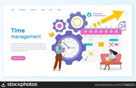 Time management webpage template. Group of businessmen working near big clock and schedule calendar illustration, main stages of development. Successful administration business concept landing page. Time management webpage template. Group of businessmen working near big clock and schedule