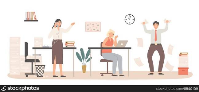 Time management with business deadline clock concept. Female and male employees working at office in panic. Man throwing documents, woman arguing via phone. Stressed worker with laptop vector. Time management with business deadline clock concept. Female and male employees working at office in panic