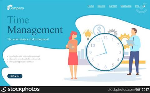 Time management, workflow organization website layout. Work efficiency, productivity increase concept. People work with development of time management stages. Scheduling, dealing with deadline. People work with development of time management stages. Workflow organization website layout