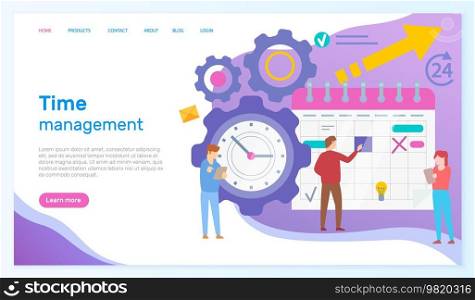 Time management, workflow organization website template. Work efficiency, productivity increase concept. People work on scheduled plan. Scheduling to deal with deadlines, productive use of time. Time management, workflow organization website template. Work efficiency, productivity increase