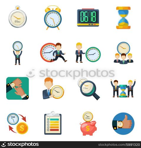 Time Managment Flat Icons Set. Successful time management money saving concept with different types clock flat icons collection abstract isolated vector illustration