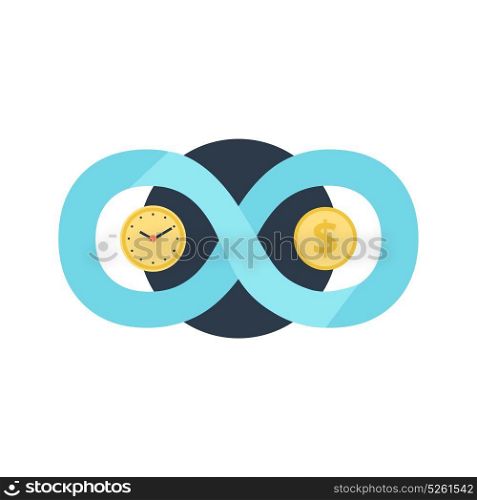 Time Money Conceptual Metaphor Illustration Icon . Time is money eternity is abundance conceptual symbols with coin clock face dials flat icon vector illustration