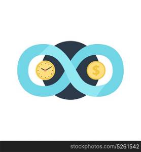 Time Money Conceptual Metaphor Illustration Icon . Time is money eternity is abundance conceptual symbols with coin clock face dials flat icon vector illustration
