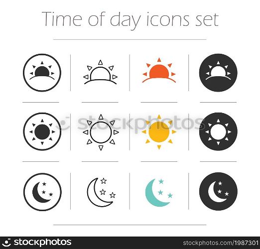Time of the day simple icons set. Sunrise, sun, sunshine, moon and stars linear, color and silhouette vector symbols isolated on white. Time of the day simple icons set