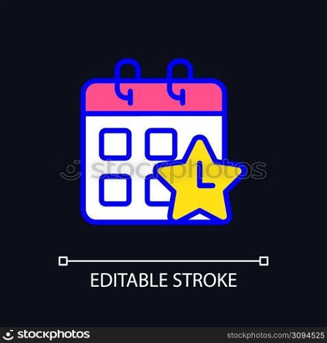 Time off reward pixel perfect RGB color icon for dark theme. Employee recognition. Improving work life balance. Simple filled line drawing on night mode background. Editable stroke. Arial font used. Time off reward pixel perfect RGB color icon for dark theme