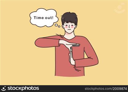 Time out in sport concept. Young man referee in basketball standing and showing time out sign with hands for teams and players vector illustration . Time out in sport concept.