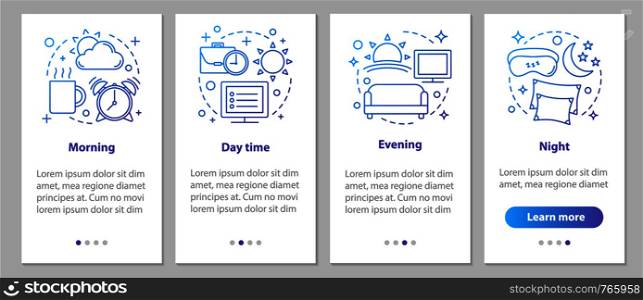 Time period onboarding mobile app page screen with linear concepts. Morning, day, evening, night steps graphic instructions. UX, UI, GUI vector template with illustrations. Time period onboarding mobile app page screen with linear concep