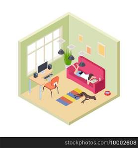Time relax. Girl relaxing couch reading book. Isometric living room interior. Hygge time with pets. Female on sofa with book and dog leisure illustration. Time relax. Girl relaxing couch reading book. Isometric living room interior. Hygge time with pets