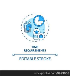 Time requirements concept icon. Staff training idea thin line illustration. Normal working hours. Affecting work and productivity levels. Vector isolated outline RGB color drawing. Editable stroke. Time requirements concept icon