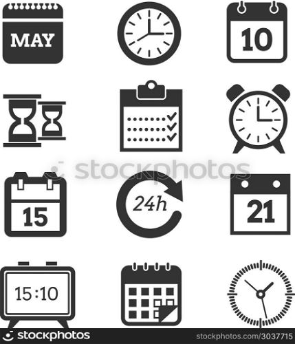 Time, schedule vector icons set. Time and schedule vector icons. Set of clocks and calendars, illustration of pictogram calendar and clock for business