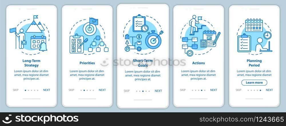 Time strategies onboarding mobile app page screen with concepts. Planning and scheming.Targeting walkthrough 5 steps graphic instructions. UI vector template with RGB color illustrations. Time strategies onboarding mobile app page screen with concepts. Planning and scheming. Targeting walkthrough 5 steps graphic instructions. UI vector template with RGB color illustrations