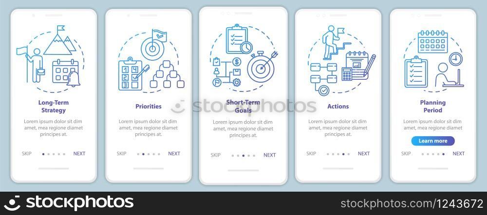 Time strategies onboarding mobile app page screen with concepts. Realization and promotion. Career walkthrough 5 steps graphic instructions. UI vector template with RGB color illustrations