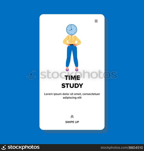 time study vector. education student, home clock, female book, class desk time study web flat cartoon illustration. time study vector