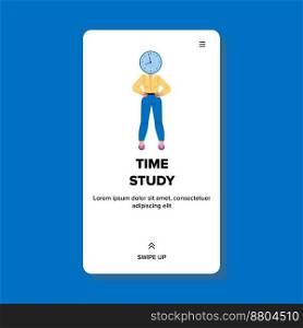 time study vector. education student, home clock, female book, class desk time study web flat cartoon illustration. time study vector