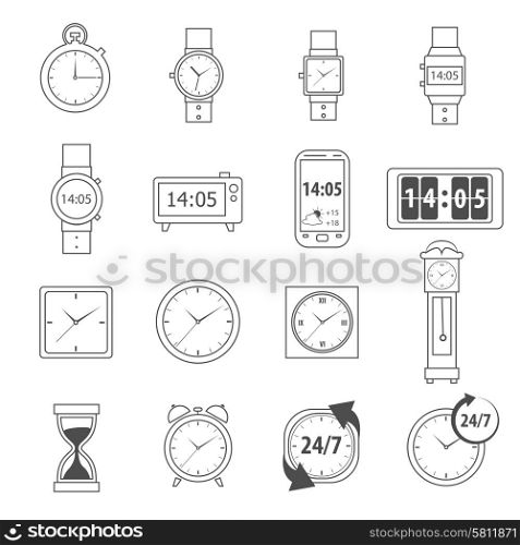 Time symbols and 24 hour service icons outline set isolated vector illustration. Time Icons Outline