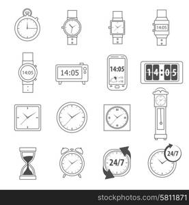 Time symbols and 24 hour service icons outline set isolated vector illustration. Time Icons Outline