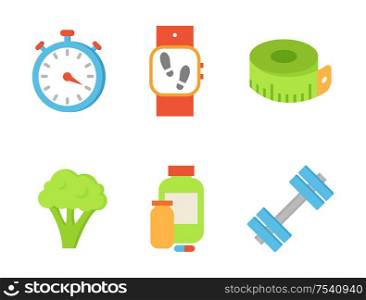 Time timer and broccoli isolated icons vector. Healthy lifestyle and vegetable sign. Dumbbells and wristband indicating quantity of sportsman steps. Time Timer and Broccoli Set Vector Illustration