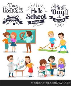 Time to back, first day at school, hello friends poster. Girl and boy educating, chemistry and library club, pupils playing hockey, classmates vector. Back to school concept. Flat cartoon. Classmates Educating, Back to School, Study Vector