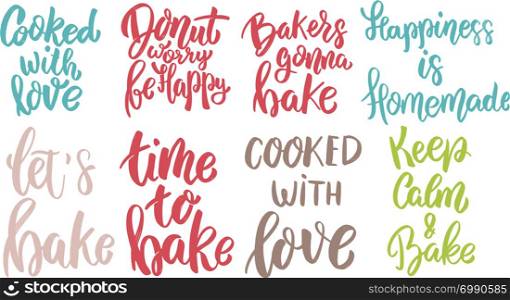 Time to bake, donut worry be happy, cooked with love. lettering phrase on white background. Design element for poster, card, banner. Vector illustration
