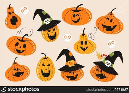 Time to be creepy. A set of elements for Halloween design. Creepy and funny pumpkins.. Happy Halloween. A set of orange and yellow scary and funny pumpkins. Vector illustration.