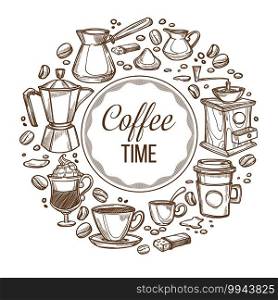 Time to drink coffee, rounded banner with cup of beverage, beans and cezve. Grinder and turkish pot, restaurant or shop label. Coffeemaker and take out mug. Monochrome sketch outline, vector in flat. Coffee time, cups and beans monochrome sketch