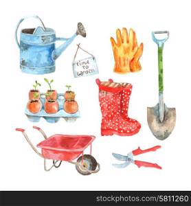 Time to gardening watercolor pictograms composition of watering pot and seedlings to plant abstract vector isolated illustration. Gardening watercolor pictograms collection set