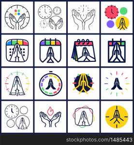 Time to Pray vector logo set. Collectio of Praying Hands Icon with clock or calendar.
