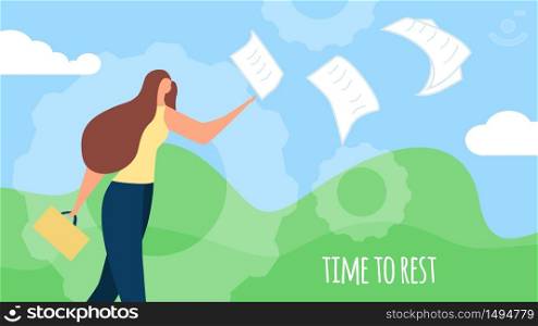 Time to Rest Horizontal Banner, Young Woman with Suitcase in Hands Throw Out Paper Documents Flying Away by Wind. Summer Vacation, Holiday, Summertime Leisure Relaxing Cartoon Flat Vector Illustration. Young Woman Throw Out Paper Document Summer Banner