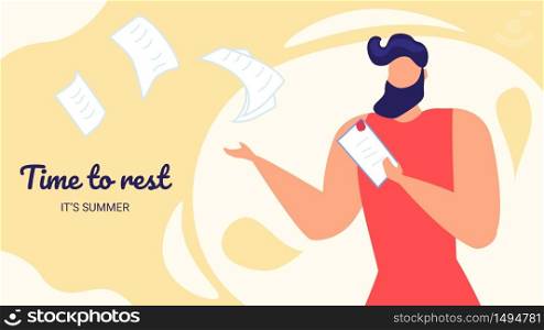 Time to Rest its Summer Horizontal Banner, Young Business Man, Worker, Employee Throw Out Paper Documents Flying Away. Vacation, Holiday, Summertime Leisure, Relaxing Cartoon Flat Vector Illustration. Man Throw Out Paper Documents Flying Away, Summer