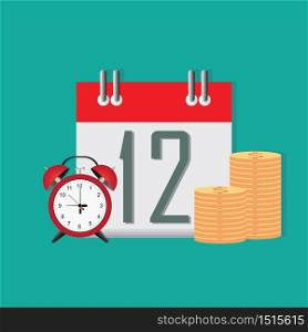 Time to save money conceptual, timer or clock with lots of cash and calendar date.Money saving.Times is money. Business and management vector illustration.