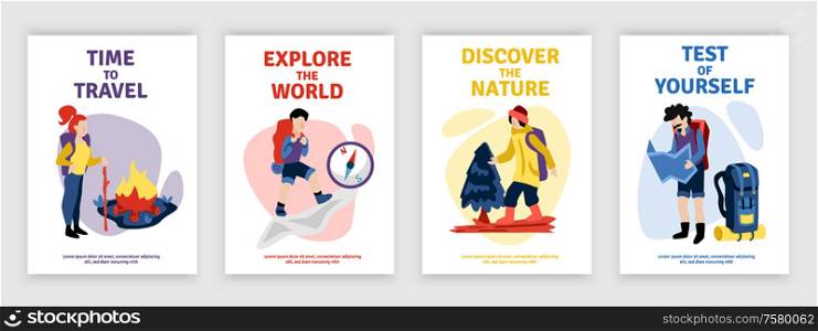 Time to travel 4 posters set with camping hiking campfire compass map reading flat isolated vector illustration