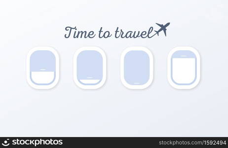 Time to travel banner. Airplane window. Vector on isolated white background. EPS 10.. Time to travel banner. Airplane window. Vector on isolated white background. EPS 10