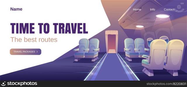 Time to travel banner. Concept of airline journey with best routes for vacation. Vector landing page with cartoon luxury interior of business class plane cabin with comfortable seats. Time to travel banner with airplane cabin interior