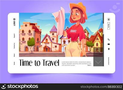 Time to travel cartoon landing page. Traveler girl learning map searching way in foreign antique city. Tourist woman summer vacation, travel agency service, character choose route, vector web banner. Time to travel cartoon landing page, traveler girl