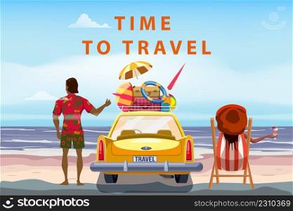Time to travel couple, yellow car with luggage bags, surfboard on the beach. Tropical seachore, sea, ocean, back view. Vector illustration retro cartoon style isolated. Time to travel couple, yellow car with luggage bags, surfboard on the beach. Tropical seachore, sea, ocean, back view. Vector illustration retro cartoon