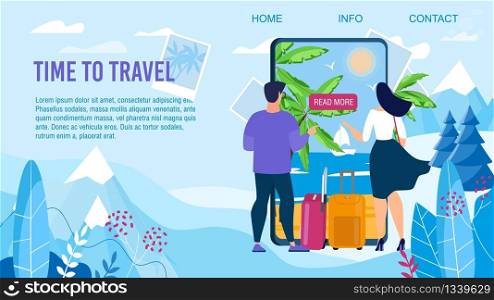 Time to Travel Design. Landing Page Advertising Trendy Mobile Application for Tour Selection to Exotic Country. Man Woman Couple Standing front of Mobile Screen Choosing Resort. Vector Illustration