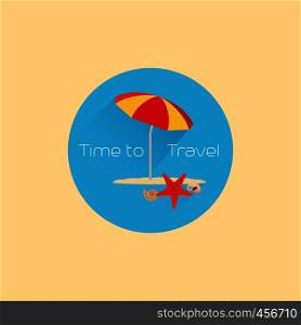 Time to travel flat round icon with umbrella. Vector illustration. Time to travel icon with umbrella