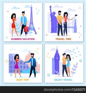 Time to Travel in Summer Motivational Flat Card Set. Vacation and Recreation. Journey in Europe. Cartoon Vector People Visiting Landmarks, Taking Selfie, Walking, Meeting, Getting Engaged Illustration. Travel Time in Summer Motivational Flat Card Set