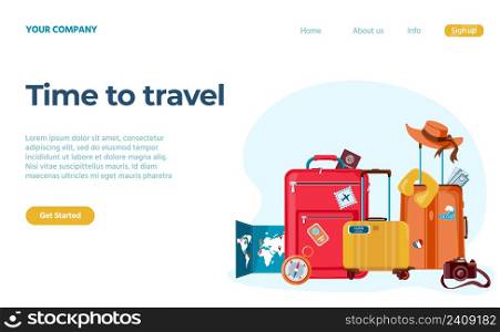Time to travel. Luggage and suitcases for adventurous trips. World map with marked destinations, passport and plane tickets for air journey. Vacation or holidays landing page vector. Time to travel. Luggage and suitcases for adventurous trips. World map with marked destinations, passport