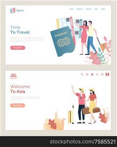 Time to travel, man and woman on vacation passport and tickets to flight. Foliage and leaves, people with baggage walking, couple in Chinese hats. Website or webpage template, landing page flat style. Time to Travel, People Walking with Baggage Website