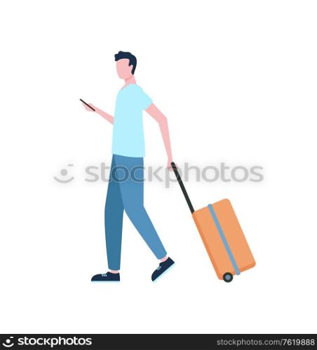 Time to travel, man with luggage and smartphone isolated on white. Vector man with phone and suitcase, going on trip, cartoon person side view. Time to Travel, Man with Luggage and Smartphone